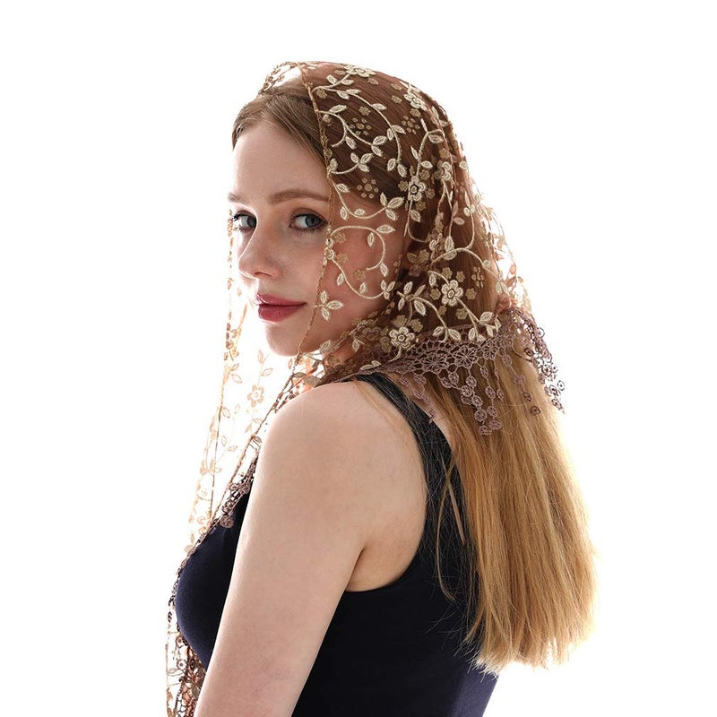 LMVERNA Triangle Floral Veils Tulle Scarf Head Covering for Church (Nude) - Image 4